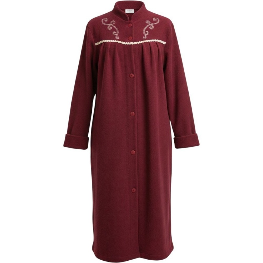 Amanda Stewart Country Burgundy Fleece Robe Embroidered Button Front M mumu
